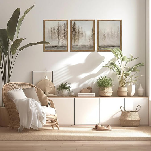 Framed Forest Wall Art Set of 3, Vintage Neutral Tree Canvas Wall Decor Paintings, Abstract Nature Landscape Artwork Pictures Prints for Living Room Office Bedroom 16x24 Inch