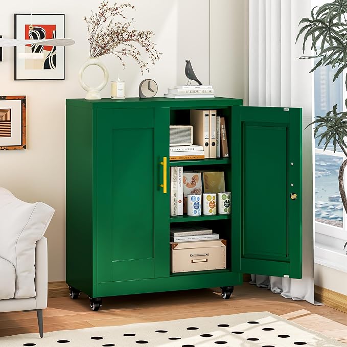 winiowa 36" Mobile Metal Storage Cabinet with Lock, Locking File Cabinet with 2 Adjustable Shelves & Wheels, Green Lockable Organizer for Home Office/Garage