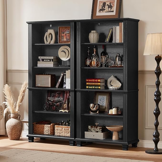 SAVOR LIFE 70" Tall Black Bookshelf,5 Tier Wooden Book Shelf with Adjustable Shelves & Wood Legs,Free Standing Farmhouse Bookcase with Open Display Storage,Vintage Bookshelves for Living Room, 3PCS