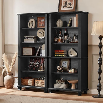 SAVOR LIFE 70" Tall Black Bookshelf,5 Tier Wooden Book Shelf with Adjustable Shelves & Wood Legs,Free Standing Farmhouse Bookcase with Open Display Storage,Vintage Bookshelves for Living Room, 3PCS