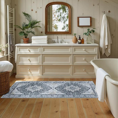 RELEANY Area Rugs Runner 2'x6' Washable Non-Slip, Floral Vintage Distress Medallion Carpet for Kitchen Hallway Bedroom Beside Laundry Room Bathroom, Light Gray Grey White