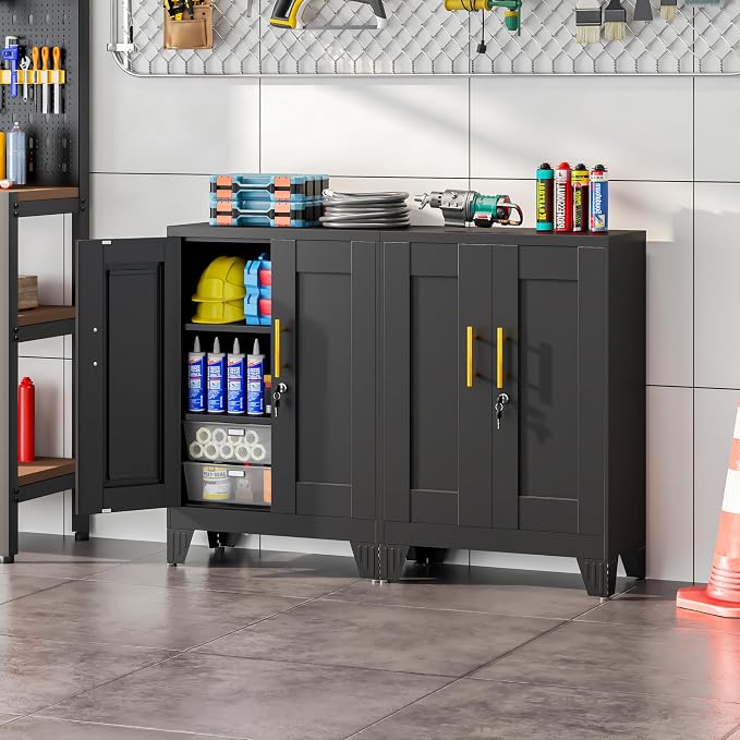 winiowa Tall Metal Storage Cabinet with Lock, Locking File Cabinet with 2 Doors and 2 Adjustable Shelves, Black Lockable Organizer for Home Office Garage（23.6" W）