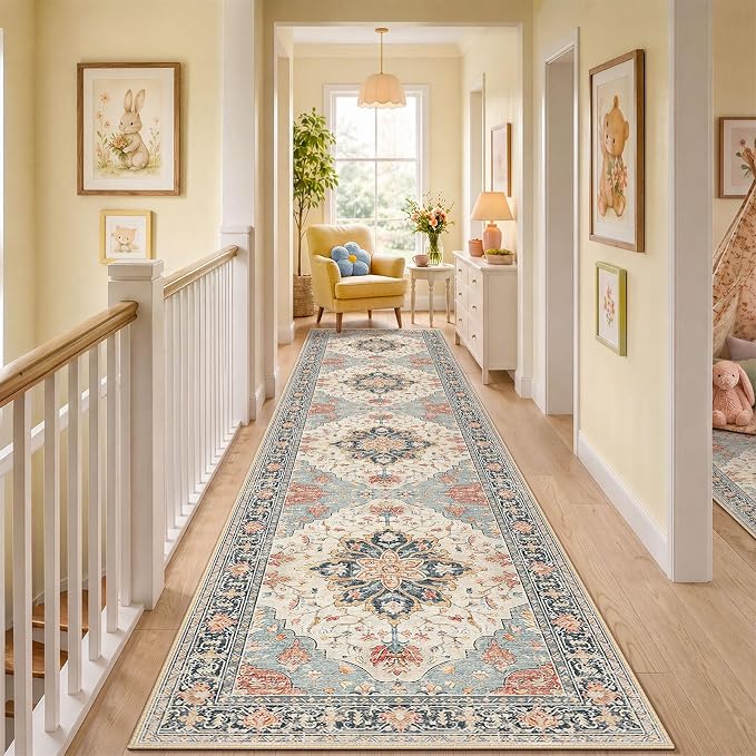 RELEANY Area Rugs Runner 3'x12' Washable Non-Slip, Floral Vintage Distress Medallion Carpet for Kitchen Hallway Bedroom Beside Laundry Room Bathroom, Beige Navy Blue Orange Colorful