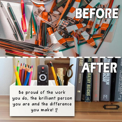 Inspirational Office Pen Pencil Holder Organizer for Desk, Thank You Appreciation Gifts for Women Men, Inspirational Gifts Wooden Box Sign for Home Office Desk Tabletop Decorations