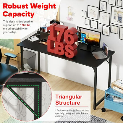 PayLessHere | 55 Inch Computer Desk | Black | Office Desk with Metal Frame, Adjustable Feet | Water-Resistant, Scratchproof Surface | Sturdy Writing Table for Home Office or Study | Pack of 1