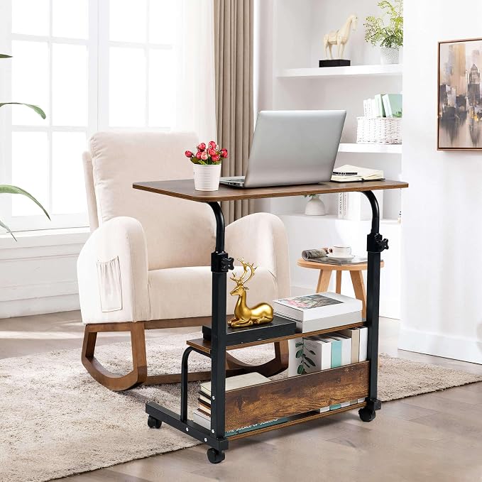 Adjustable Table Student Computer Desk Portable Home Office Furniture Small Spaces Sofa Bedroom Bedside Learn Play Game on Wheels Movable with Storage Size 31.5 * 15.7 in Oak D