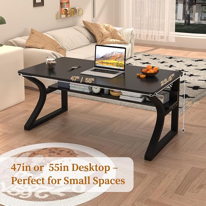 47'' Computer Desk Home Office Desk, Modern Computer Desk w/U Shaped Metal Frame, Storage Shelves, PC Table Study Writing Desk Workstation for Home Office (47inch/Black)