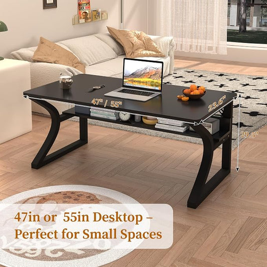 47'' Computer Desk Home Office Desk, Modern Computer Desk w/U Shaped Metal Frame, Storage Shelves, PC Table Study Writing Desk Workstation for Home Office (47inch/Black)