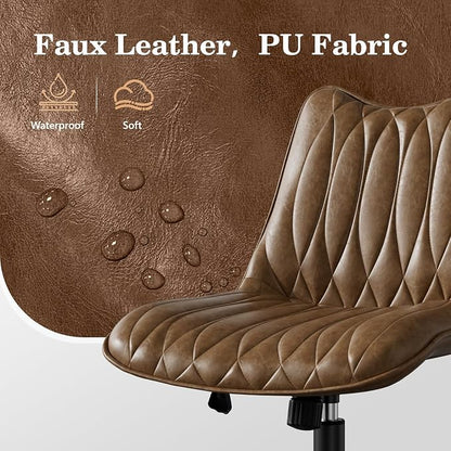 Armless Office Chair, Swivel Rolling Leather Desk Chair, Brown | Waterproof Upholstery, Padded Seat, 15° Relaxing Tilt, 330 LBS Capacity, for Bedroom Vanity and Computer Work