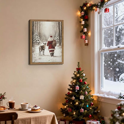 Framed Christmas Pictures Wall Decor, Santa Reindeer Winter Wall Art, Rustic Canvas Christmas Print, Winter Holidays Decor, Vintage Christmas Decorations Painting for Bedroom Living Room – 12x16in