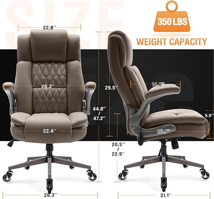 Large High Back Office Chair - Adjustable Lumbar Support Flip Up Arms Heavy Duty Quiet Wheels Metal Base Breathable Bonded Leather Ergonomic Executive Computer Desk Chair with Storage Bags, Khaki