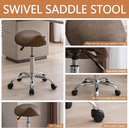 FIRAVOE Saddle Stool, Swivel Saddle Stool with Wheels, Adjustable Rolling Stool 18"-26", Faux Leather Rolling Stool for Salon, Massage, Clinic, Lab, Office (Tan, 1PCS (18"-26"))