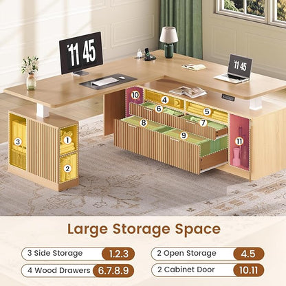 SEDETA L Shaped Electric Standing Desk, 69" x 55"Height Adjustable Office Executive Desk with 4 Drawers and Storage Shelves, Fluted Sit Stand Computer Desk with Power Outlet for Home Office (Natural)