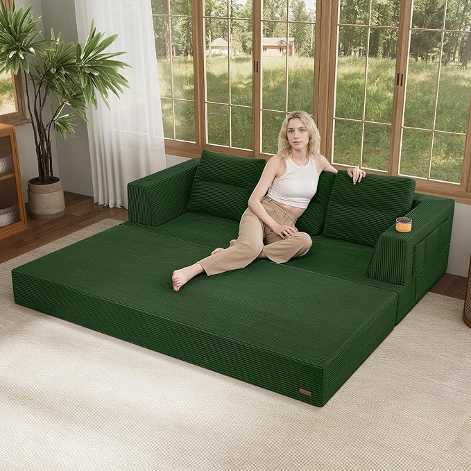 COMAX Futon Sofa Bed Queen, 79" Convertible Sofa Bed Couches for Living Room, 4 in 1 Folding Boneless Sleeper Corduroy Couch Loveseat Foam In a Box, Comfy Foldable Lounge Fold Out Floor Mattress Green