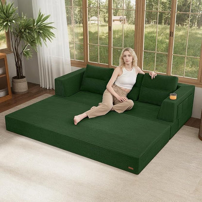 COMAX Futon Sofa Bed Queen, 79" Convertible Sofa Bed Couches for Living Room, 4 in 1 Folding Boneless Sleeper Corduroy Couch Loveseat Foam In a Box, Comfy Foldable Lounge Fold Out Floor Mattress Green