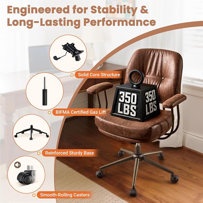 Leather Home Office Chair, Mid Back Ergonomic Desk Chair with Lumbar Support, Mid Century Modern Deep Seat Swivel Rocking Computer Chair, Dark Brown