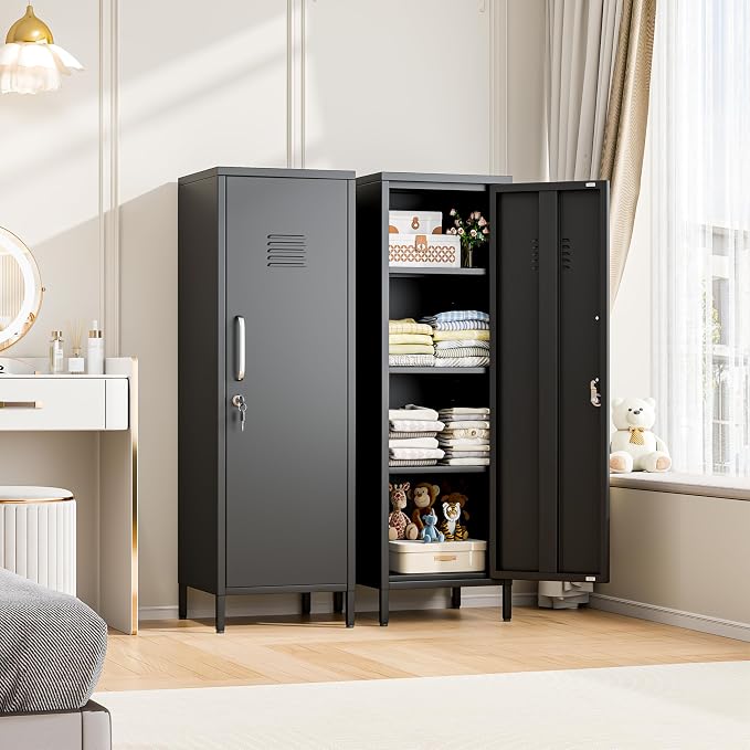 erosoei 47.24" H Metal Locker Storage Cabinet, Office Locker with 3 Adjustable Shelves, Steel Cabinet with 1 Door, High Legs Organizer for Home Office, Kitchen, Living Room, Bedroom and Bathroom