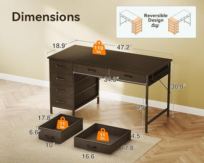 ODK Computer Desk with 6 Drawers, 48 Inch Office Desk with Storage, Reversible Desk with Headphone Hook for Home Office, Work Study Table for Bedroom, Black