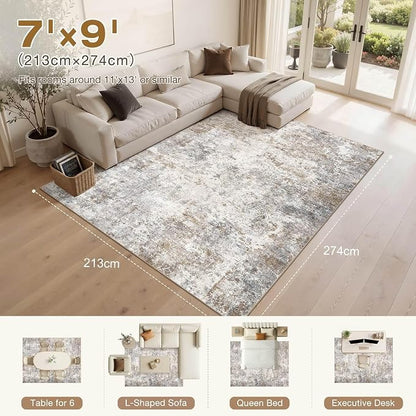 UERMEI 7x9 Area Rug Living Room Rugs - Washable Neutral Modern Abstract Soft Thin Large Rug Indoor Floor No Slip Rug Carpet for Bedroom Under Dining Table Home Office Decor - Brown Grey