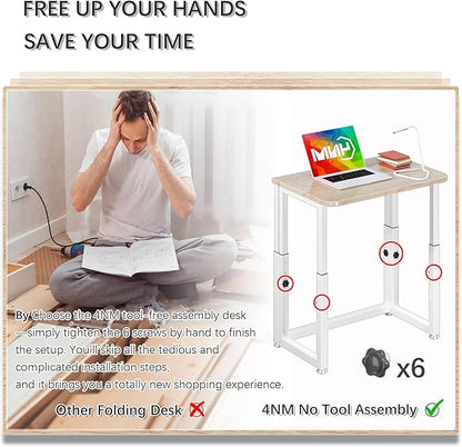 4NM No Tool Assembly 23.6" Small Desk, Folding Portable Desk with Wheels, Adjustable Height Foldable Computer Home Office Desks, Collapsible Study Writing Table for Space Saving Bedroom - Cloud Oak