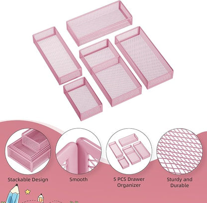 Marbrasse 5 Pack Desk Drawer Organizer Set, Mesh Drawer Storage Trays with 1 Adjustable Divider, Desk Organizers and Accessories, 5 PCS Drawer for Office Supplies, Makeup & Vanity (Pink)