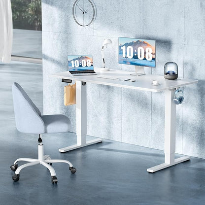 DUMOS 63 Inch Electric Standing Desk Height Adjustable, Sit to Stand Computer Workstations Large Work PC Table Home Office Writing Gaming Desks with Memory Presets for Walking Pad, Bedroom, White