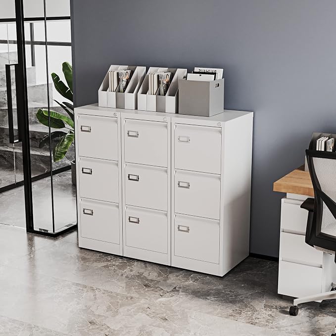 Fesbos 3 Drawers Vertical File Cabinets - 17.8" Deep Lockable Filing Cabinet - White Metal Storage Cabinets for Home Office to Hanging Files Letter/Legal/F4/A4 Size
