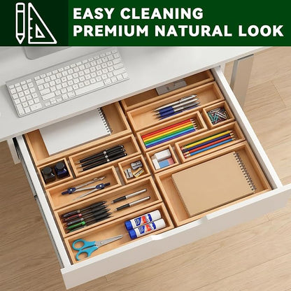 Bamboo Drawer Organizer 7 Pcs for Kitchen Multi-purpose Storage Dividers for Kitchen, Office, Jewelry, Cosmetics, Wooden Drawer Dividers for Drawer Organizer Desk Organizer Gift for Women Gifts Idea