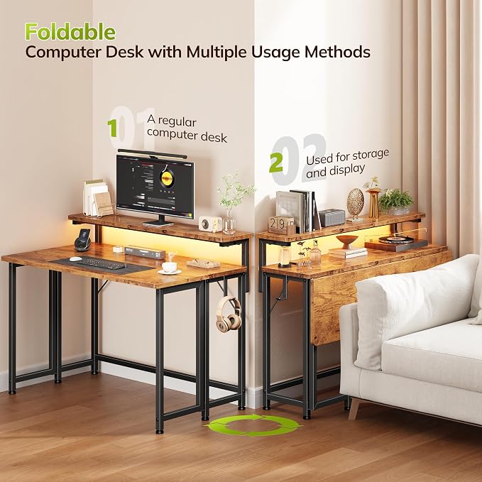 DurayLoly Computer Desk with RGB Light for Small Space, 39.4" Small Folding Desk for Space Saving Sofa Table for Couch, Home Office Desk with Monitor Stand, Easy to Fold with Hooks, Brown