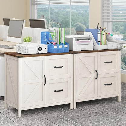 Halitaa Lateral File Cabinet with 2 Drawers, Farmhouse File Cabinet for Letter/A4 Size Hanging Files, Large Wood File Storage Cabinets Printer Stand for Home Office Furniture, Rustic White
