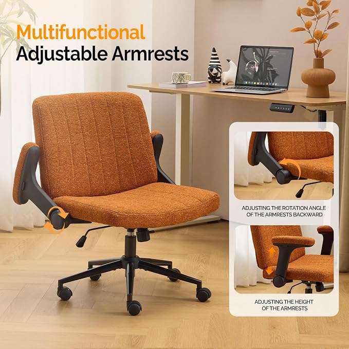 VINGLI Criss Cross Chair with Adjustable Flip-Up Arms,Cross Legged Chair with Wheels,Extra Wide Office Chair,Desk Chair for Home Office,Vanity,Bedroom, Apartment,Starry Chenille,Burnt Orange