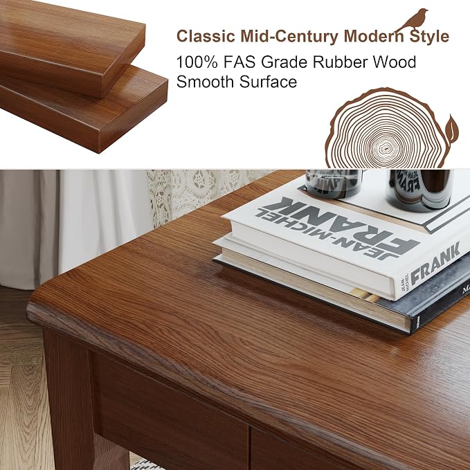 Solid Wood Desk with Drawers - 39 x 22 Inch Vintage Desks, Mid Century Modern Desks, Rubber Wood Study Table, Writing Desk with Drawers for Bedroom|Any Spaces - Walnut Color