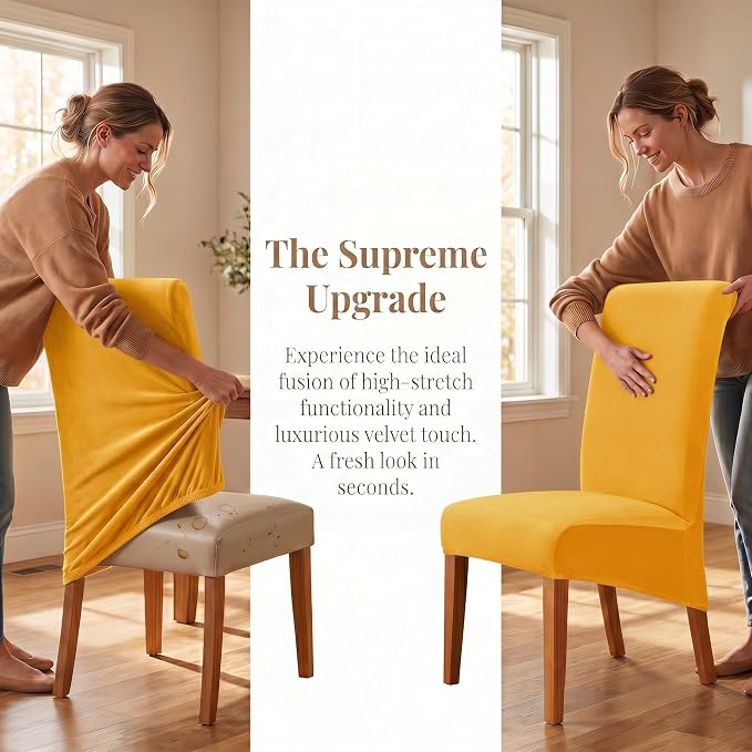 Deisy Dee Stretch XL/Oversized Extra Large Velvet Dining Room Chair Covers for Kitchen Dining，Removable Washable Chair Protectors Slipcovers (Golden Yellow, 4)