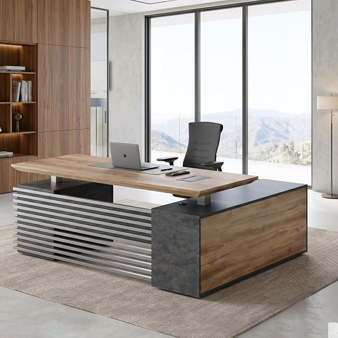 SAINTCY 78.74In L Shaped Executive Standing Desk with Drawers, Large Modern Adjustable Heigh Home Office Desk w/Universal Charging Ports, Business Workstation, Black and Warm Oak