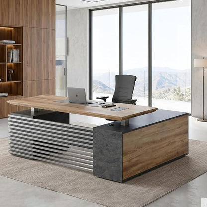 SAINTCY 78.74In L Shaped Executive Standing Desk with Drawers, Large Modern Adjustable Heigh Home Office Desk w/Universal Charging Ports, Business Workstation, Black and Warm Oak