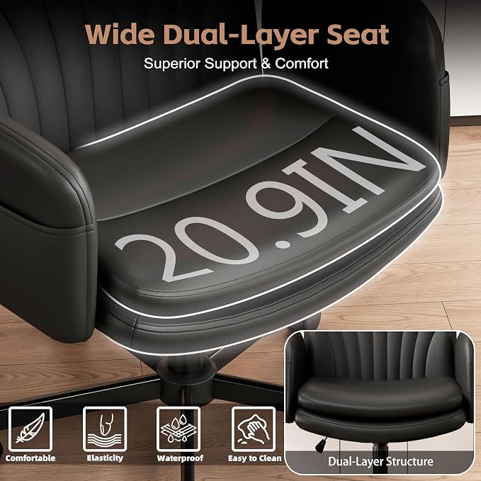 Vonesse Criss Cross Office Chair with Wheels & Armrests, Height Adjustable Vanity Chair, Makeup Chairs with Side Pockets Design, Comfortable Computer Desk Chairs for Home (PU Leather,Black)