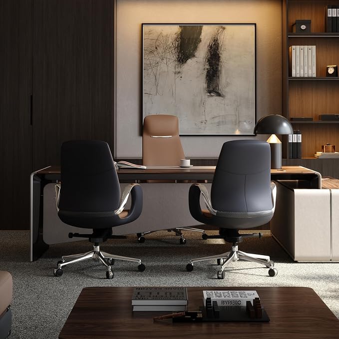 TOMU Genuine Leather Executive Office Chair, Executive Guest Chair, Mid Back Comference Office Chair for Office Comference Room Table,Swivel with Wheels, (Brown)
