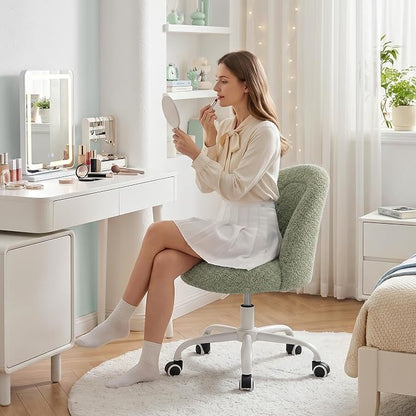 DurayLoly Armless Vanity Chair with Wheels, Ultra-Soft Teddy Fleece, Adjustable Height & 360°Swivel, Rolling Desk Chair for Bedroom, Dorm & Vanity Table, Ideal for Teens & Adults, Sage Green