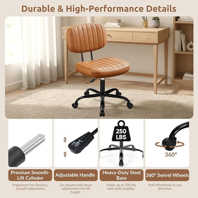 Swivel Rolling Office Chair, Armless Pu Leather Vanity Chair with Back Lumbar Support Height Adjustable Computer Chair, Small Desk Chair for Home Office, Brown
