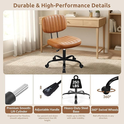 Swivel Rolling Office Chair, Armless Pu Leather Vanity Chair with Back Lumbar Support Height Adjustable Computer Chair, Small Desk Chair for Home Office, Brown