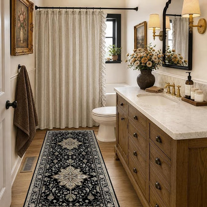 RELEANY Area Rugs Runner 2'x6' Washable Non-Slip, Floral Vintage Distress Medallion Carpet for Kitchen Hallway Bedroom Beside Laundry Room Bathroom, Black Brown Neutral Dark Tan
