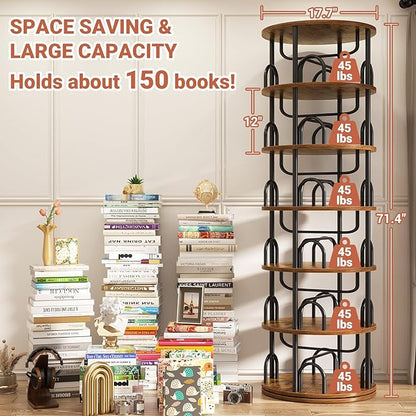 Aheaplus 6 Tier Rotating Bookshelf Tower, Revolving Bookcase, 360° Round Spinning Book Shelf, Narrow Swivel Bookshelves Vertical Turning Corner Bookshelf Organizer for Small Space, Rustic Brown