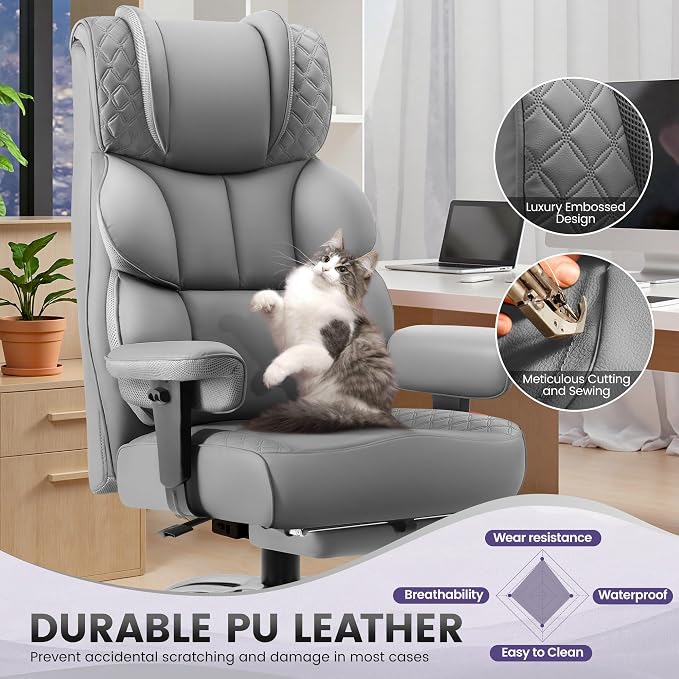 BestGlory Office Desk Chair, Big and Tall Leather Gaming Chair with Footrest, Wide Ergonomic Comfy Executive High-Back Reclining Computer Chairs, Swivel Rolling Wheels and Padded Lumbar Support, Gray