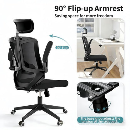 Ergonomic Office Chair - 350LB Comfy Desk Chairs with Adjustable Headrest and Lumbar Back Support, Mesh Computer Chairs with Wheels and Arms for Home Office, Study (Black-with Headrest)