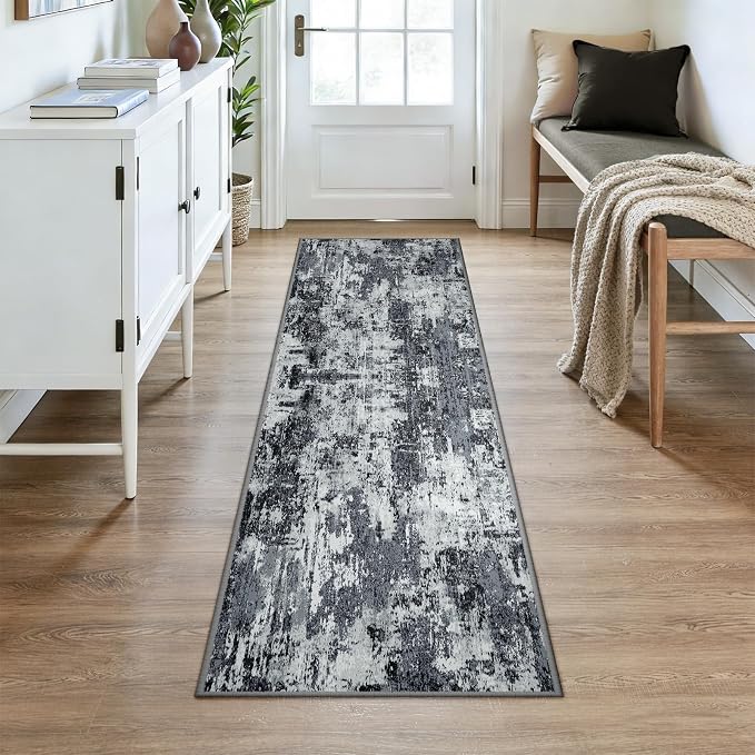 RELEANY Washable Area Rugs 2x7 Non-Slip Modern Abstract Soft for Living Room Entryway Bedroom Kitchen, Print Pattern, Black Navy Blue Gray