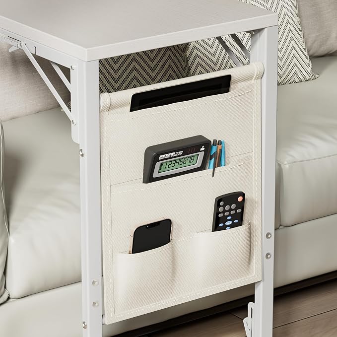 Folding TV Tray Table, Small Folding Side Table with Storage Bag, Portable C Shaped End Table for Couch Sofa Bed, White