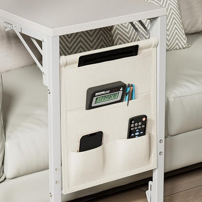 Folding TV Tray Table, Small Folding Side Table with Storage Bag, Portable C Shaped End Table for Couch Sofa Bed, White