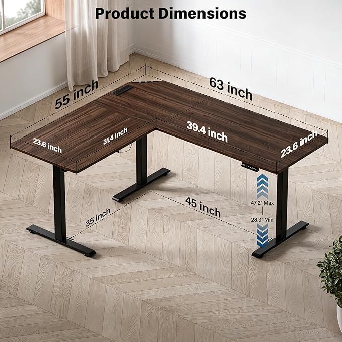 63 x 55 inch L-Shaped Standing Desk, Corner Computer Desk, Electric Standing Desk Adjustable Height, Sit to Stand Ergonomic Workstation for Home Office, Dark Walnut