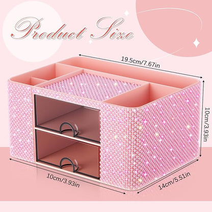 MotiMind Pink Bling Desk Organizer with 2 Drawer, Sparkly Makeup Organizer for Vanity, Girly Desk Accessories, Rhinestone Pen Holder, Elevate Your Workspace with Pink Serenity (Pearl)