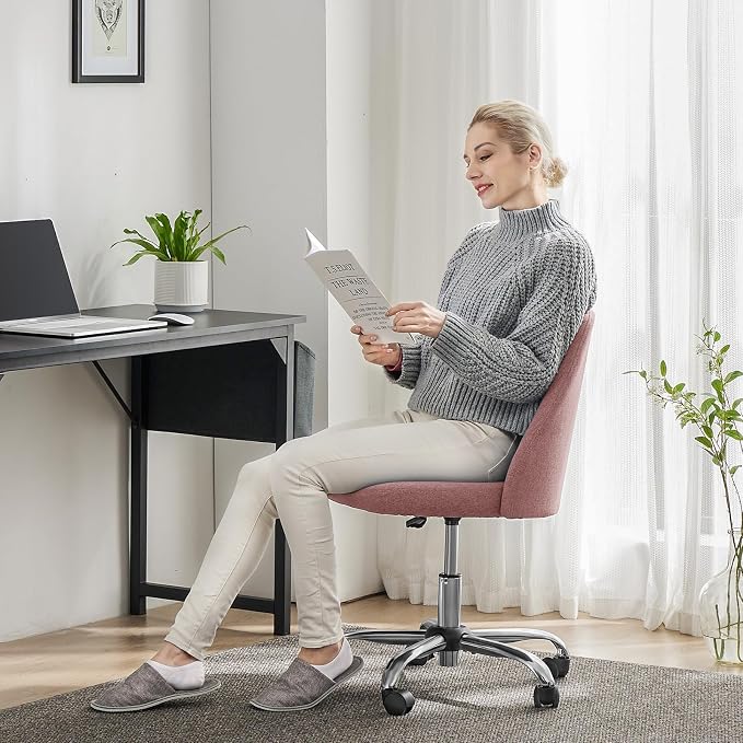 Sweetcrispy Armless Vanity Chair, Cute Comfy Home Office Desk Chair with Wheels, Modern Upholstered Task Computer Seat for Bedroom, Study, Makeup Vanity, Height Adjustable & Swivel Fit, Pink